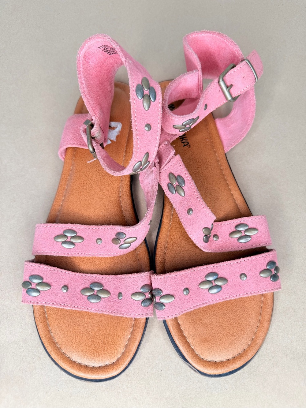 Minnetonka pink suede studded flat sandals